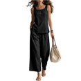 thumbnail image 3 of Linen-Blend Sleeveless Tank Top & Wide Leg Pants Two Piece Set for Women, Square Neck Loose Fit Palazzo Lounge Outfit - Solid Color Summer Casual Co-ord Black L, 3 of 5