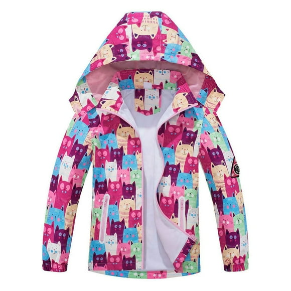 FYDUU Little Girls Windbreaker Jacket With Detachable Hood Cute Printed Coat For Toddler Kids Outdoor Play School Casual Fall Lightweight Comfortable Cute Kids Clothes 7-8 Years