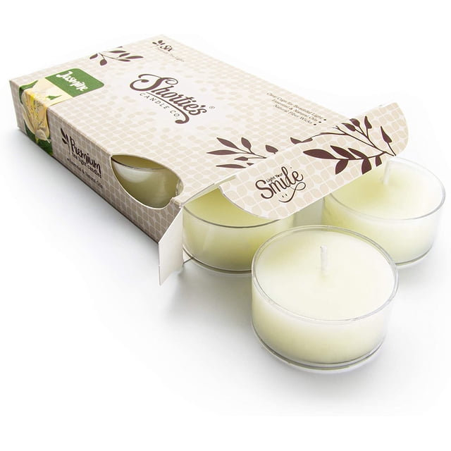 Pure Jasmine Tealight Candles - Highly Scented with Essential & Natural Oils - 6 Yellow Hand Poured Tea Lights - Clear Container for Beautiful Candlelight - Flower & Floral Collection