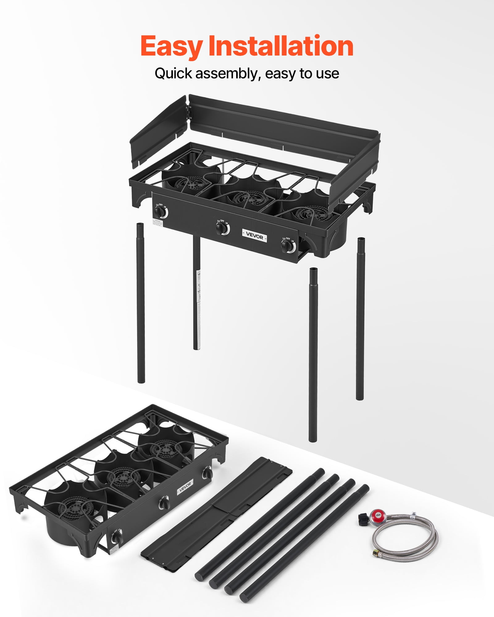 VEVOR 3 Burner Outdoor Propane Gas Stove, 225,000 BTU Propane LPG Gas Camping Stove, Heavy-duty Carbon Steel Outdoor Cooker, with Shield & Tall Stand & Regulator, for BBQ Camp Home Patio Backyard