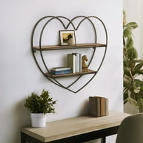 Sagebrook Home Metal/Wood 2 Tier Heart Wall Shelf, Natural/Black, Heart, Iron, Casual Home, 20"L X 5"W X 20"H, Solid Color