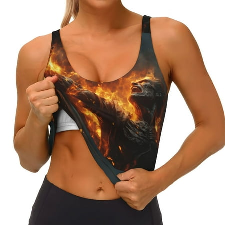 Qokaie Cool Fire Man Pattern Womens Scoop Neck Sports Bra Breathable Workout Vest Padded U Back Medium Impact Fitness Gym Yoga Bra Workout Crop Top