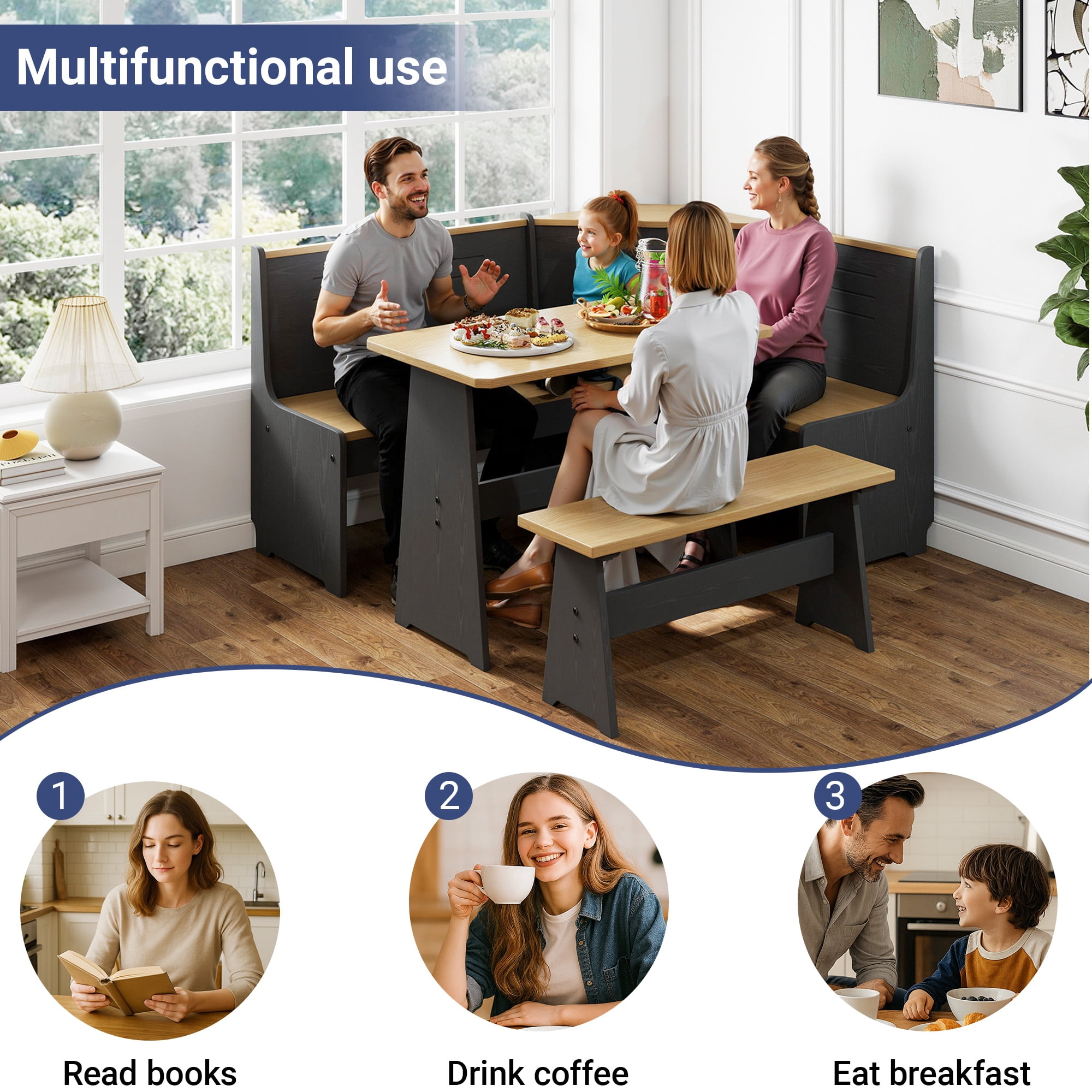 Koby Home Breakfast Nook Table Set, Storage Farmhouse Corner Kitchen Dining Table with  L-Shape Bench Chairs, Black Wood