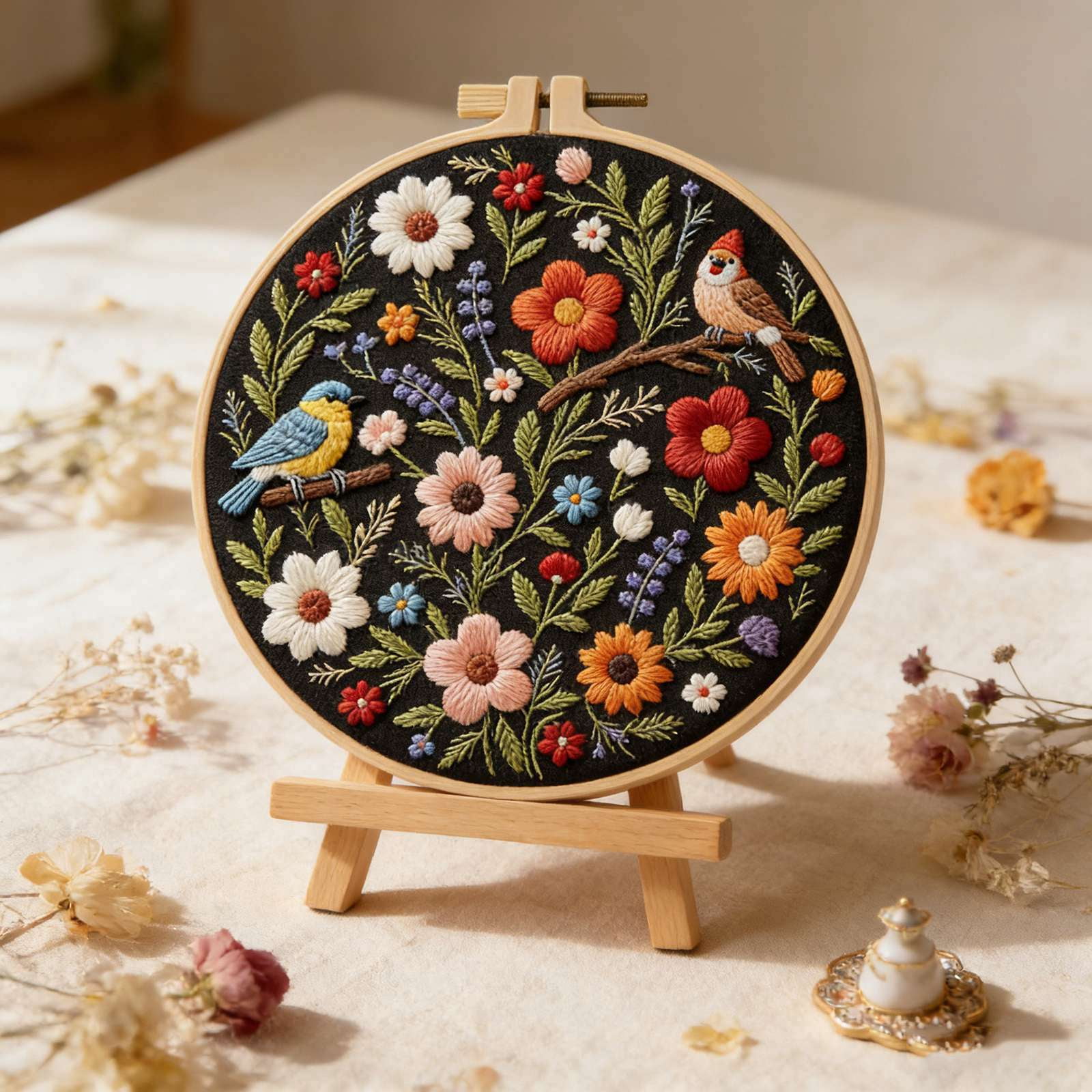 4PCS Embroidery Kit for Beginners, Birds with Flowers Cross Stitch Set for Include Embroidery Cloth Hoops Threads for Craft Lover Hand Stitch