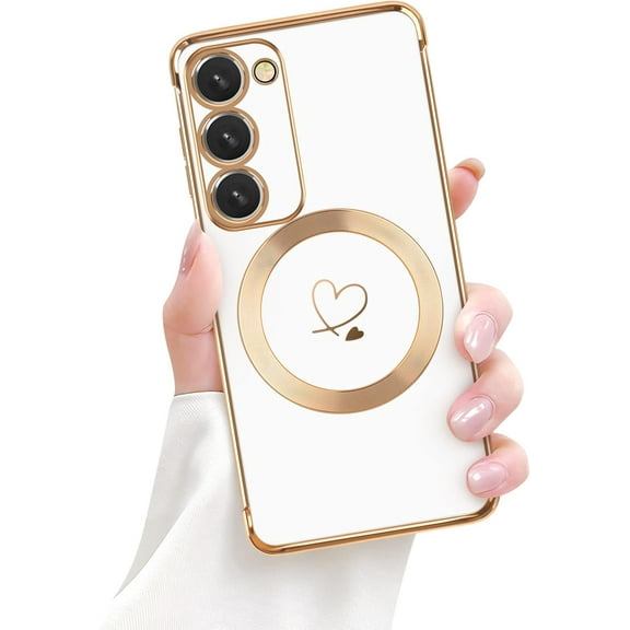for Samsung Galaxy S23 Case, Luxury Cute Love Heart Pattern Plating Edge Case with MagSafe for Women Girls Soft TPU Shockproof Protective Case Cover for Samsung Galaxy S23-White