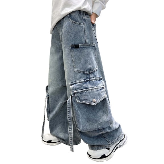 Ticikt Boys Cargo Jeans Casual Straight Leg Pants Loose Fit Long Trousers for Big Kids and Teenagers Comfortable Durable Denim,Color:Blue
