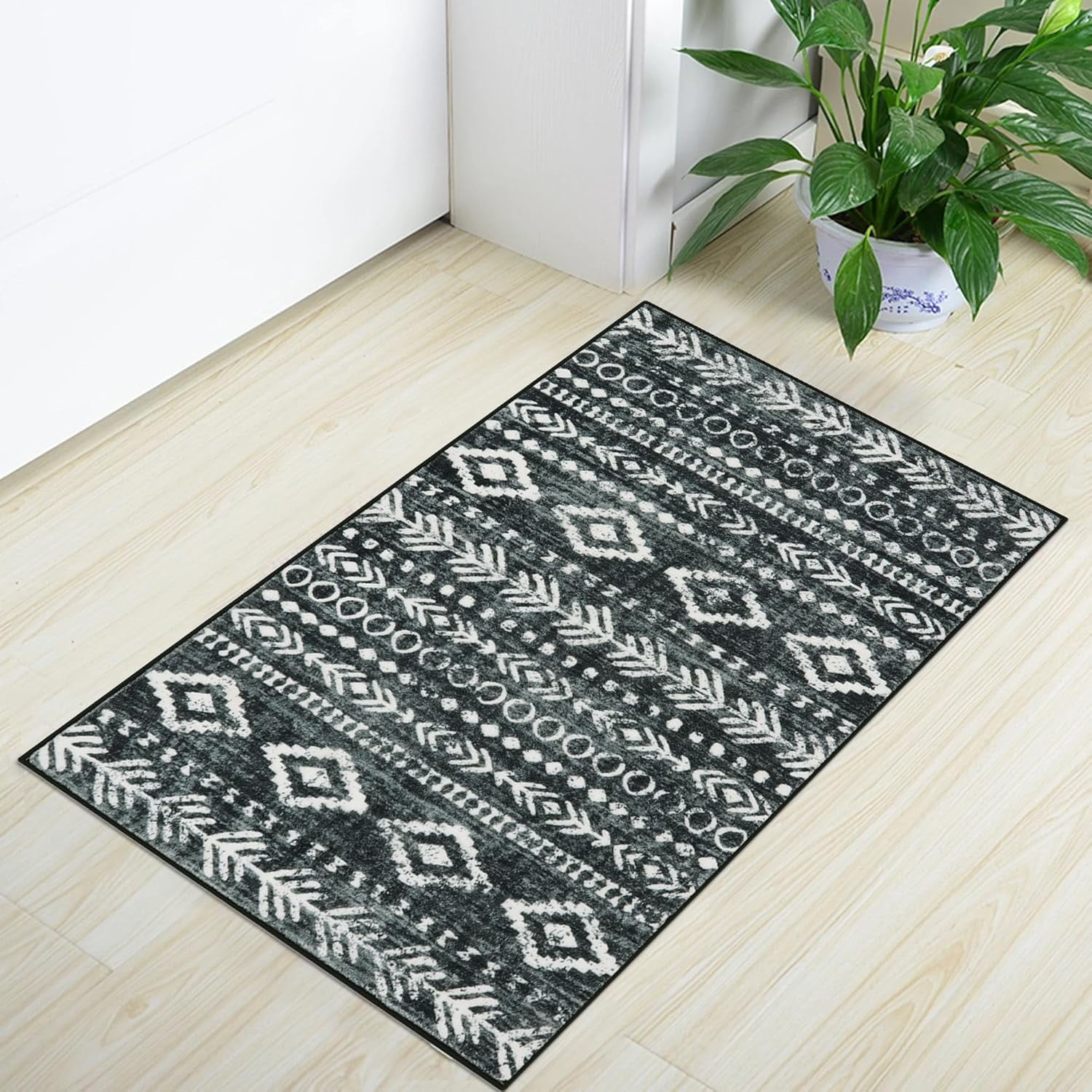 Moynesa 2'x3' Moroccan Entryway Rug,Black Boho Rugs for Entryway Non-Slip Washable Small Area Rug,Farmhouse Soft Geometric Kitchen Rug Low-Pile Indoor Door Mat Throw Rugs for Entrance Front Door