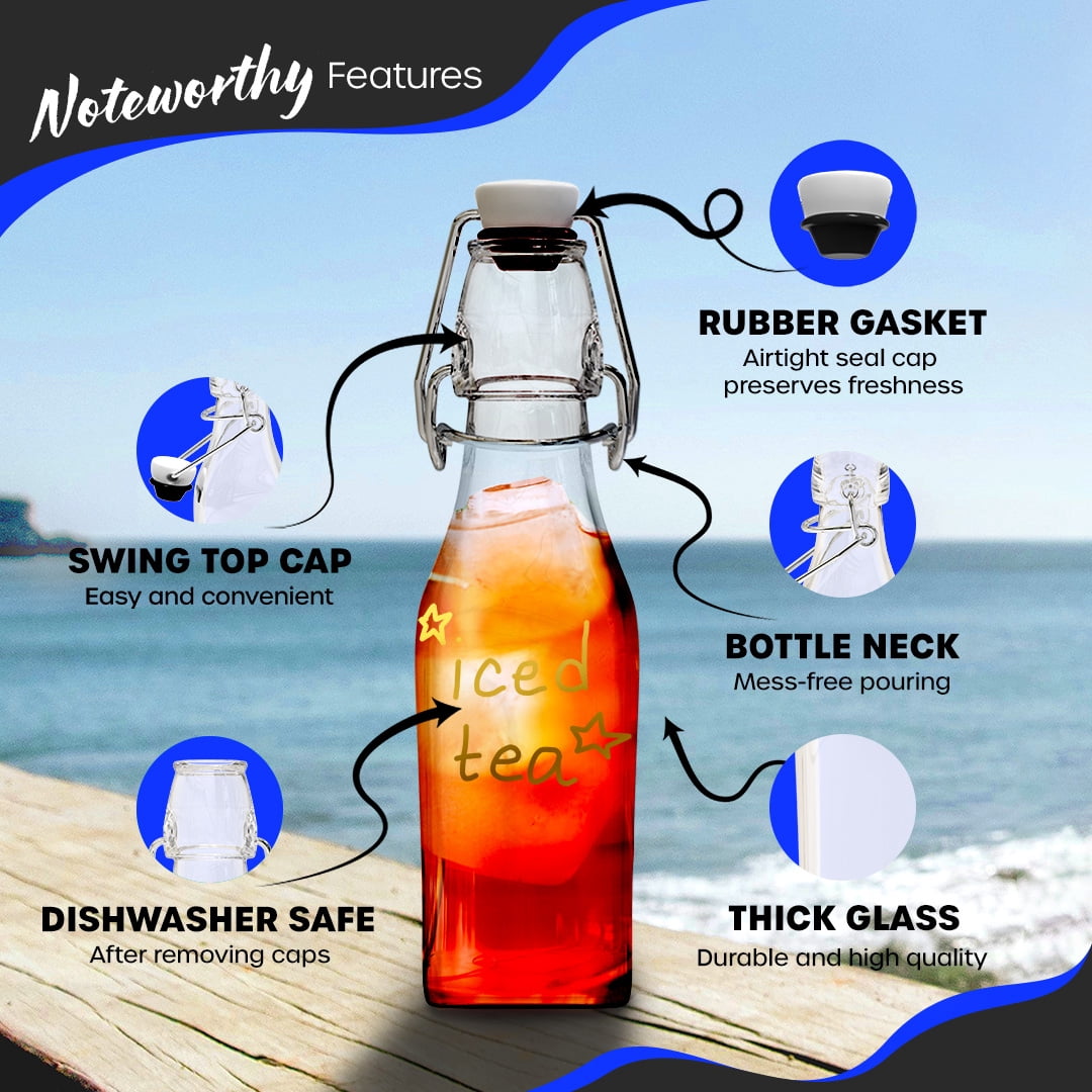 Nevlers 8.5 oz Square Swing Top Glass Bottles (Pack of 12) | Includes Funnel, Brush and Marker