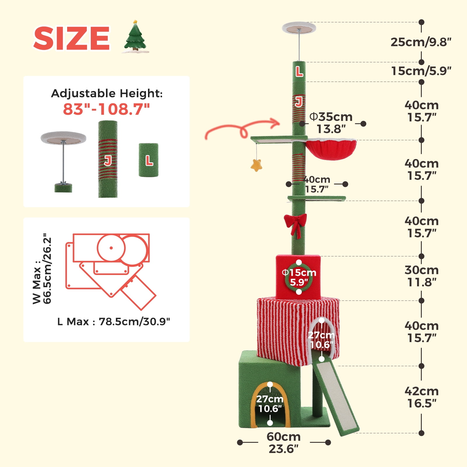 Pefilos Christmas Cat Tree for Adult Cats, Adjustable Height 83-108'' Floor to Ceiling Cat Tower with 3 Condos, Hammock, Thick Scratching Posts, Red