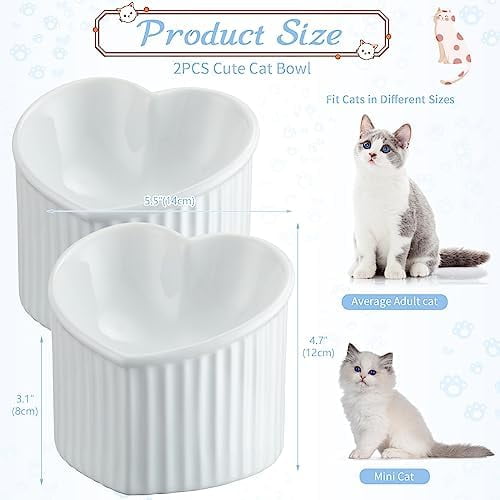 2 Pcs Ceramic Elevated Cat Bowls Tilted Elevated Raised Pet Bowls Anti Vomit Cat Dish for Indoor Stress Free Water Dish Feeder for Puppies, Heart Shaped(Pearly White)
