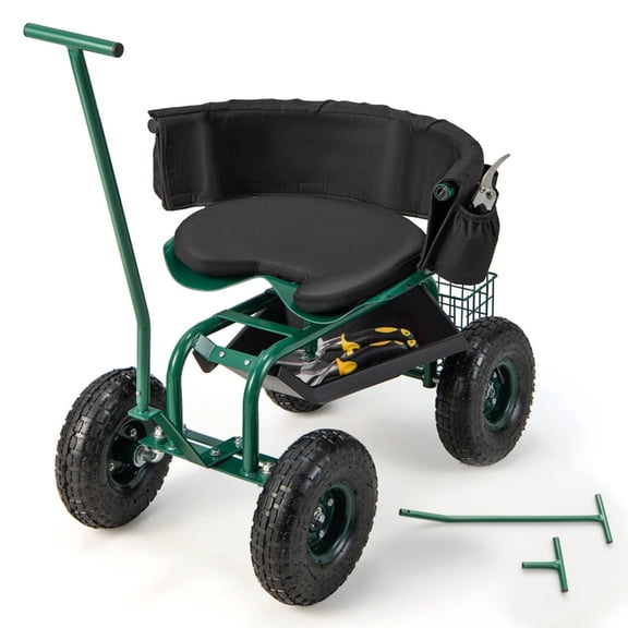 Biotree 330lbs Rolling Garden Cart with 360° Height Adjustable Swivel Seat, Garden Scooter with Storage Basket, Tool Tray for Weeding Planting Gardening Green