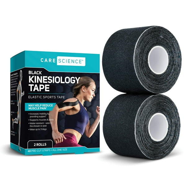Care Science Cinta de kinesiología impermeable, tiras precortadas de 40 unidades (2 rollos) Negro | Cinta elástica para deportes y levantamiento de pesas que soporta músculos y articulaciones. Resiste