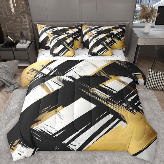 Homewish Black Golden Stripes Lines Twin Bedding Sets 7-Piece for Female Men Adults,Vintage Aesthetic Bedding Comforter Set Microfiber,Geometric Theme Breathable Sheet Sets,Luxury Bedroom Decor