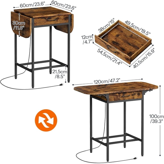 Folding Bar Table with Outlets, 47.2-Inch Extendable Kitchen Table with Storage Drawer and Adjustable Feet for Dining Room