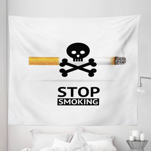 Skull Smoking Tapestry, Danger Symbol About Health Issues and Cigarette on Background, Fabric Wall Hanging Decor for Bedroom Living Room Dorm, 5 Sizes, Off White Charcoal Grey, by Ambesonne
