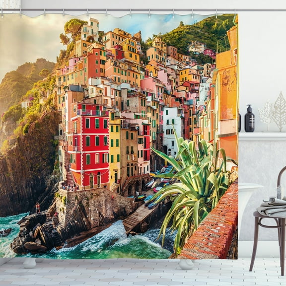 Ambesonne Italy Shower Curtain, Riomaggiore at Sunset, 69"Wx75"L, Multicolor