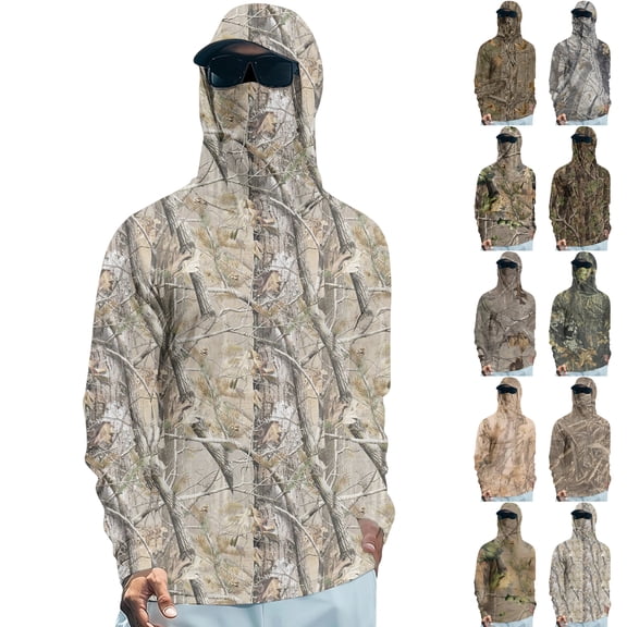 Hooded Sun Shirts for Men with Mask UPF 50 Fishing Blouses Long Sleeve UV Rash Guard Cooling Lightweight Hoodies 2XL Khaki