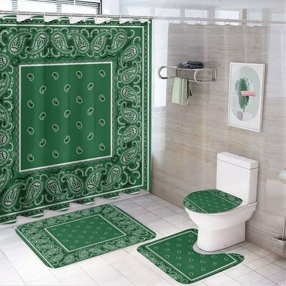 Bandana Pattern Shower Curtain Bathroom Sets Toilet Lid Rug, Bath Mat And Contour Mat, Shower Curtain 4Pcs