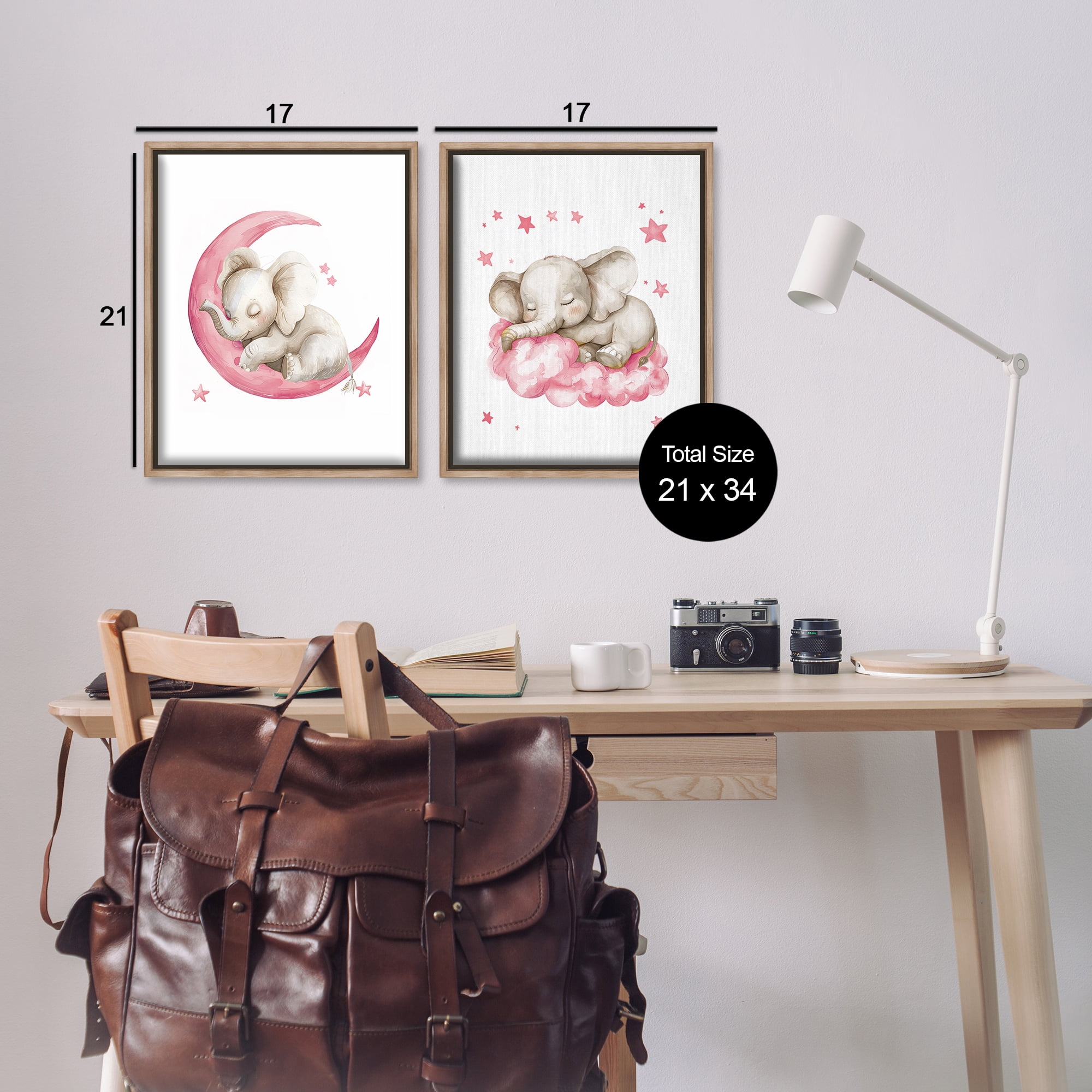 Stupell Industries Pink Sleepy Elephant Animals Painting Brown Floater Framed Canvas Art Print Wall Art, 17 x 21, Set of 2