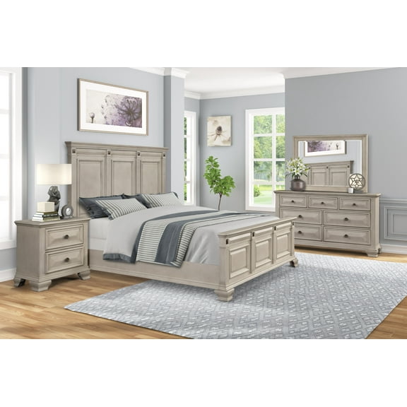 Renova Distressed Parchment Wood Bedroom Set, Queen Panel Bed, Dresser, Mirror, Nightstand