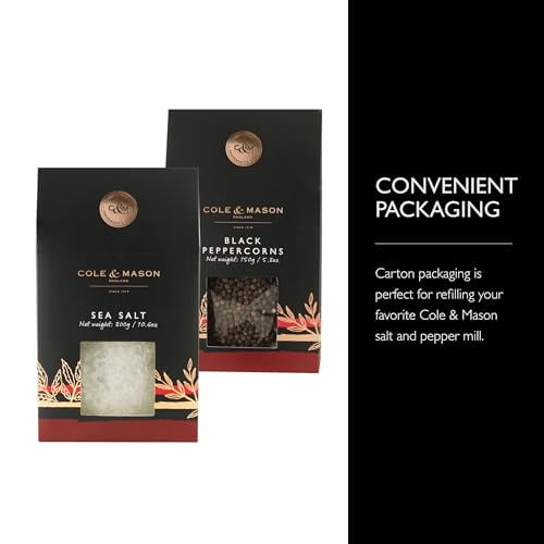Cole & Mason Gourmet Spice Refill Box - Pairs Well with Chicken, Beef, Pork & More - Peppercorn Refill for Salt & Pepper Mill Grinder - Sea Salt & Black Pepper 15.9 Oz Box Set