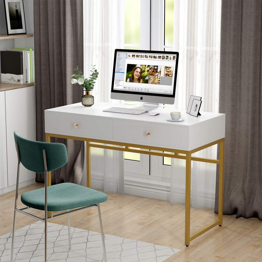 Modern Computer Desk with 2 Drawers, 47“ Simple Study Writing DeskWhite +  Golden Legs