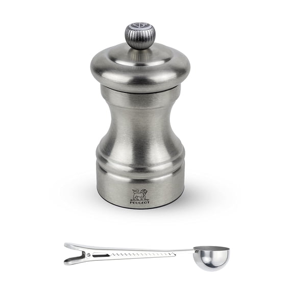 Peugeot Bistro Chef Manual Salt Mill Gift Set Stainless Steel 10 cm - 4in - With Stainless Steel Spice Scoop/Bag Clip