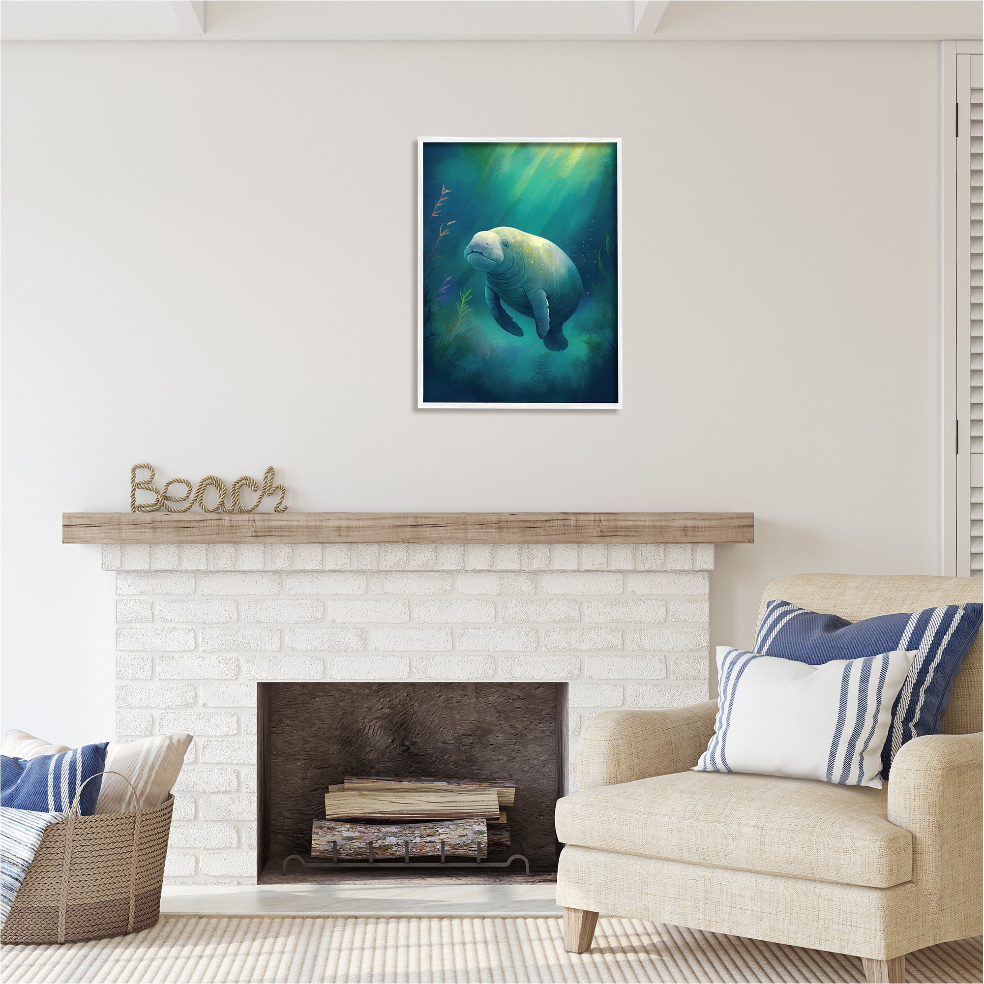 Stupell Industries Manatee Underwater View Animals & Insects Painting White Framed Art Print Wall Art, 24 x 30