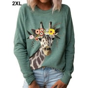 Large Size Women＇s T-shirt Round Neck Color Giraffe Printed Long Sleeve Ladies＇ Blouse Top