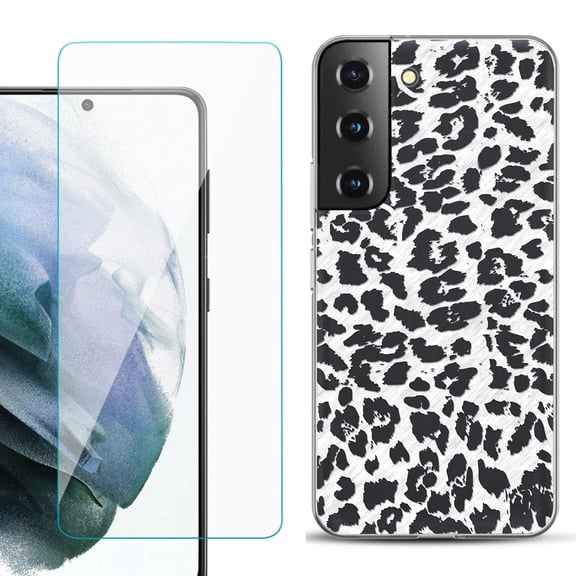 Slim-Fit TPU Fashion Phone Case for Samsung Galaxy S22 5G, with Tempered Glass Screen Protector, by OneToughShield ® - Cheetah B/W