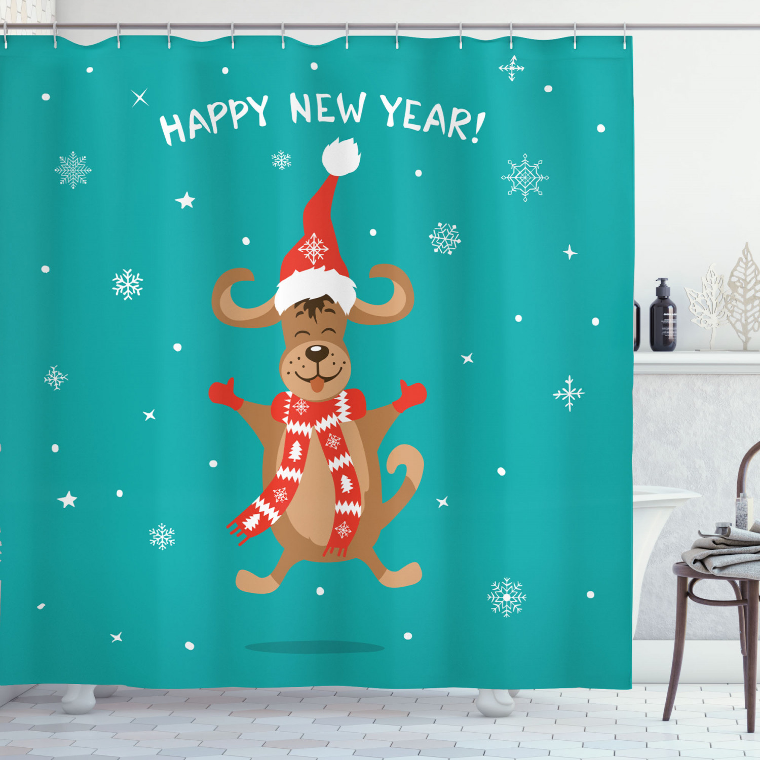 Christmas Shower Curtain, Jumping Happy Dog with Santa Hat and Scarf