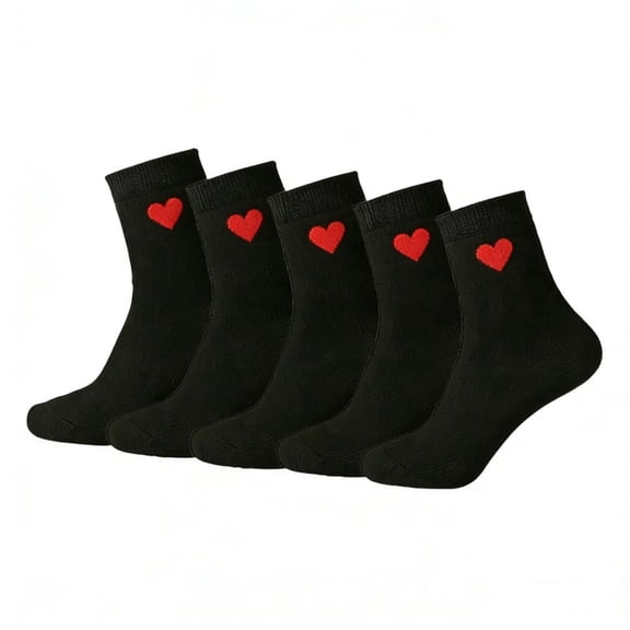 Cfweater 5 Pairs Womens Cotton Socks Breathable Black Heart Design Mid-Calf Casual Size 5-9