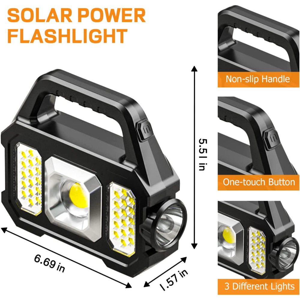 Solar Handheld Flashlight with USB Cable, 6 Modes Rechargeable Multifunction Lights Super Bright LED Searchlight, Lightweight Waterproof Portable Spotlight
