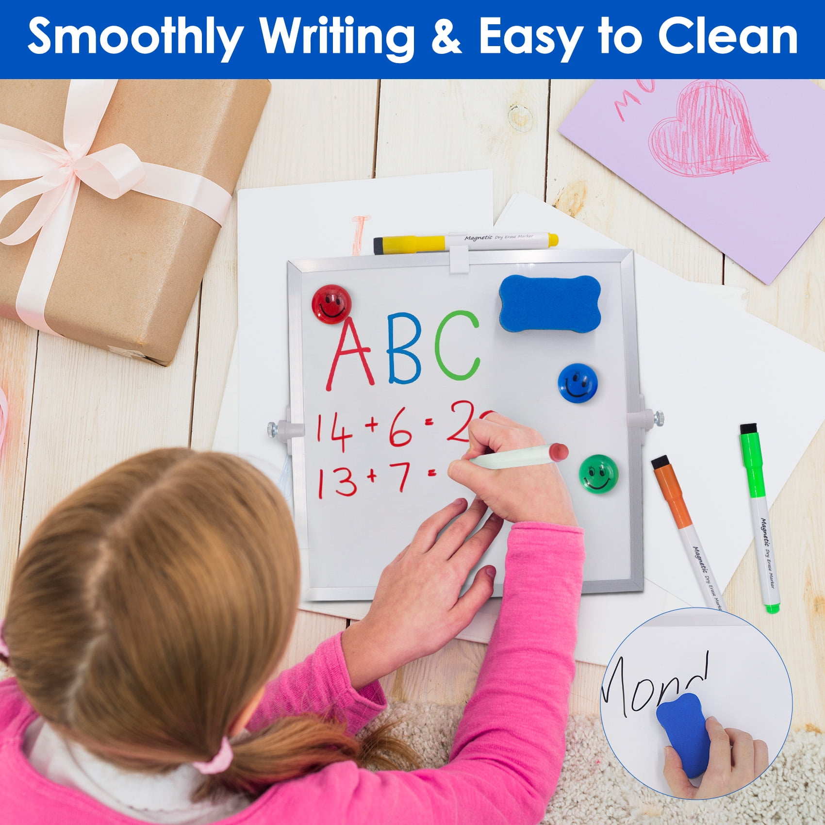 YOLETO Magnetic Desktop Whiteboard with Stand - 16" X 12" Dry Erase Board Double Sided White Board Easel Kit with 8 Markers, 4 Magnets, 1 Eraser - School Supplies, To Do List Memo