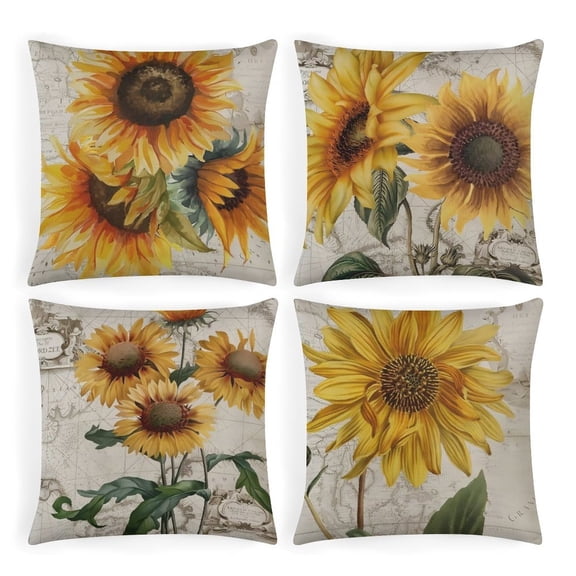 Spring Summer Sunflower Decorative Throw Pillow Covers 18x18 Inch Set of 4 Plant Pillow Covers Linen Square Pillow Cases Summer Flower Outdoor Sofa Couch Home Bed Decor Cushion Covers