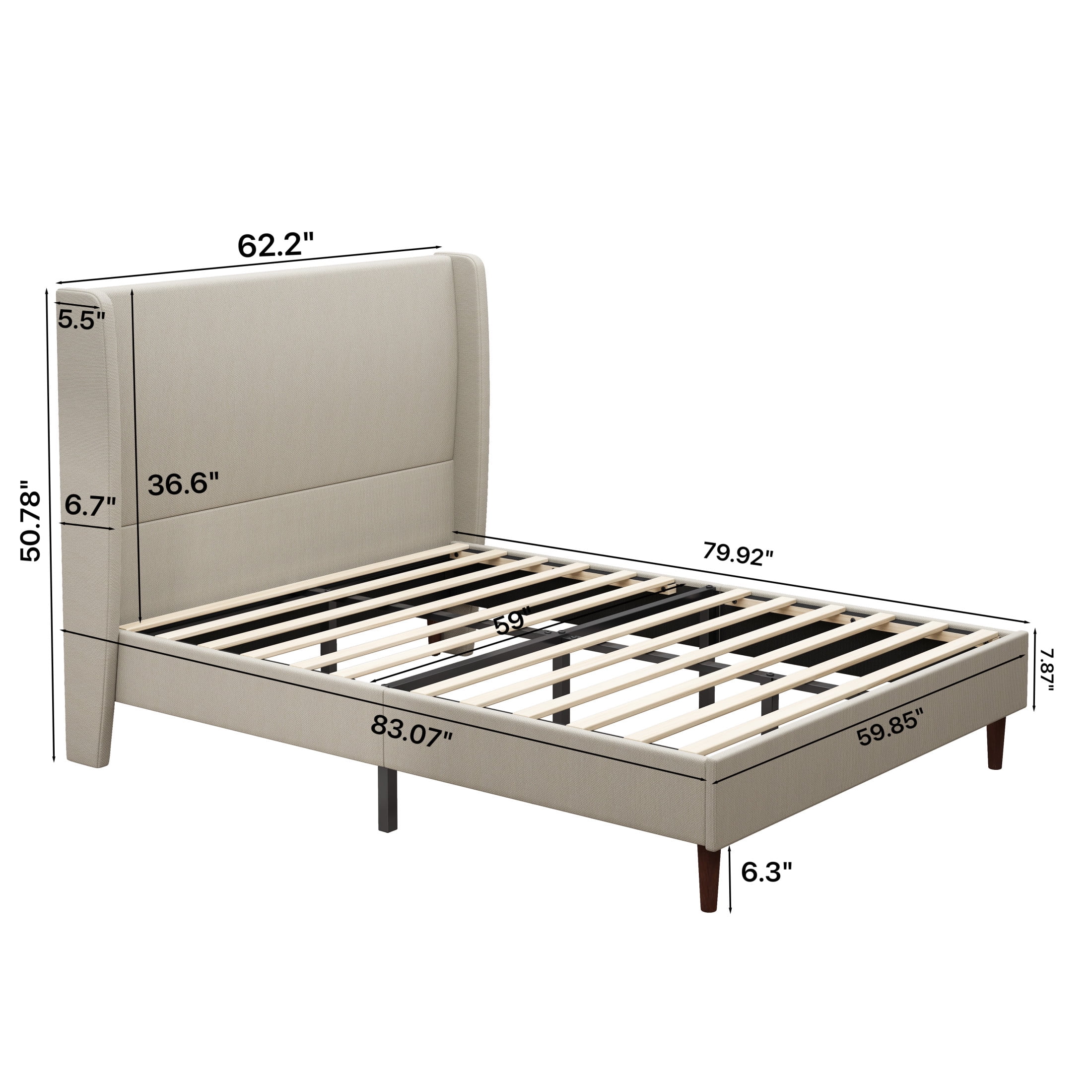 Ember Queen Size Platform Bed Frame with Linen Upholstered Headboard, No Box Spring Needed, Beige