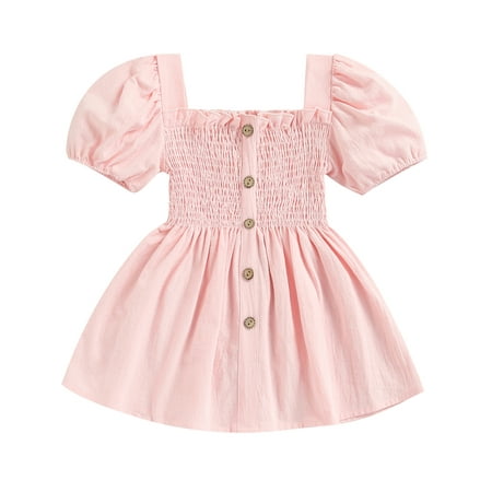 

CenturyX Kids Baby Girls Puff Short Sleeve Dress Solid Square Collar Button A-line Dress Summer Sundress Pink 5-6 Years