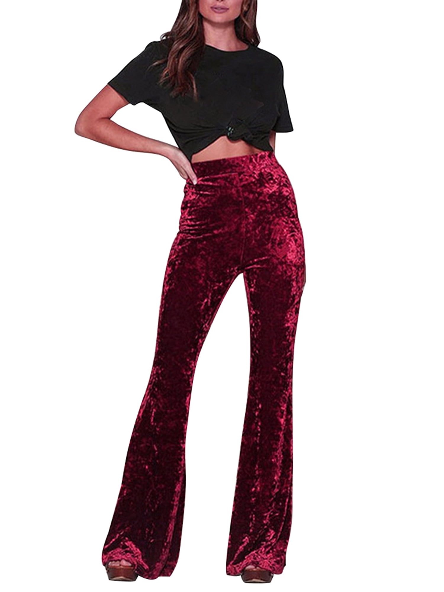 Ladies Trousers Pants Casual Velvet Flare Bottoms Bell Waist Crushed Womens High 