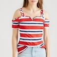 thumbnail image 5 of Yigetop off Shoulder Tops for Women! Fashion Vacation and Casual Contrasting Color Striped Printed Suspender off Shoulder Short Sleeved T Shirt Summer Tops Red 2XL, 5 of 5