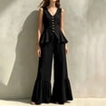 thumbnail image 2 of Womens Casual Two Piece Outfit V Neck Sleeveless Button Peplum Top High Waist Ruffle Hem Wide Leg Pants Solid Color Elegant Set Black M(M), 2 of 7