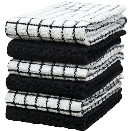 

Premium Kitchen Towels (16”x 28” 6 Pack) – Large Cotton Kitchen Hand Towels – Chef Weave Design – 380 GSM Highly Absorbent Tea Towels Set With Hanging Loop – Black