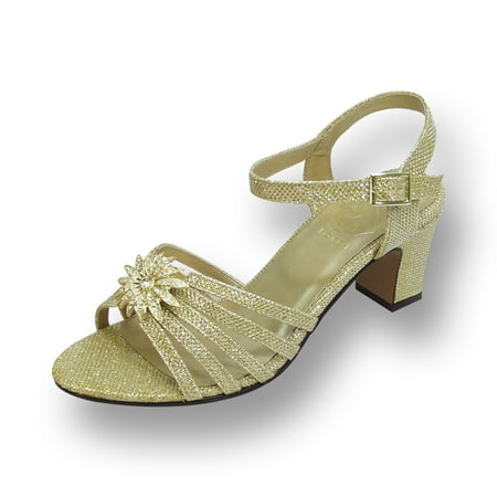 FLORAL Melina Women's Wide Width Ankle Strap Buckle Rhinestone Flower Sandal GOLD 10