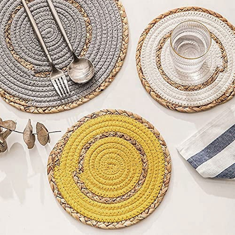 Fennco Styles Hand-Woven Rattan Cotton Rope Placemats 7-Inch Round, Set of 4 - Grey Braided Table Mats Heat Resistant Insulation for Home, Boho Décor, Dining Table, Banquets, Special Events