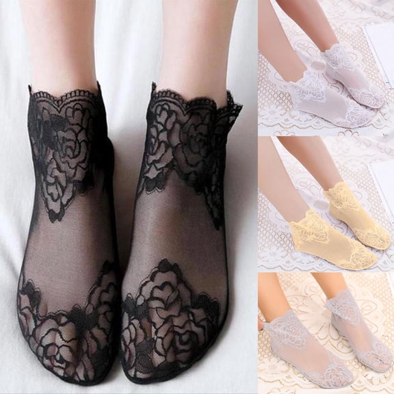 Helii Womens Socks Breathable Rose Pattern Lace Mesh Casual Low Cut Ankle Socks Non Slip Retro Sweet for Travel, Vacation, Daily Wear Beige,Under $3