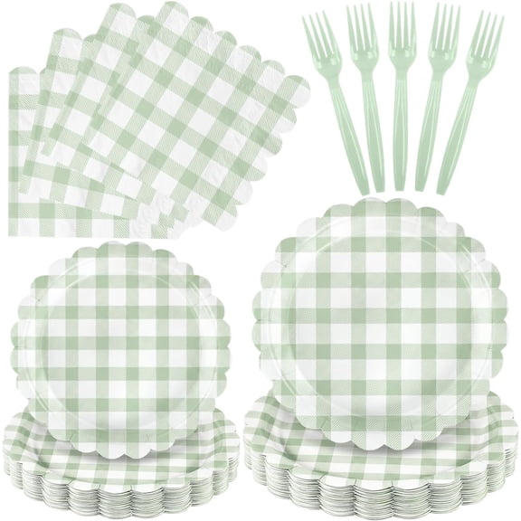 100 Pcs Sage Green Gingham Party Supplies, Sage Green Disposable Scalloped Plates, Napkins and Forks for Wedding Bridal Shower Birthday Baby Shower, Serves 25