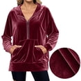 thumbnail image 2 of Sudadera con Capucha y Media Cremallera de Terciopelo para Mujer, Estilo Informal, Larga, con Bolsillos Rojo Vino S, 2 of 7