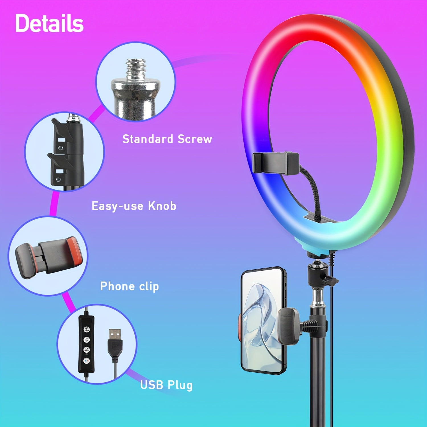 12" Adjustable Ring Light with 63" Tripod, Dimmable RGB LED, USB Powered, Phone Stand & Gimbal Clamp for Live Streaming, Makeup, Selfie