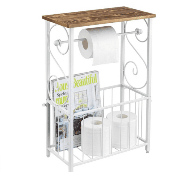 White Metal Bathroom Table Stand Storage Shelf with Dual Toilet Paper Holder, Magazine Basket and Scrollwork Design
