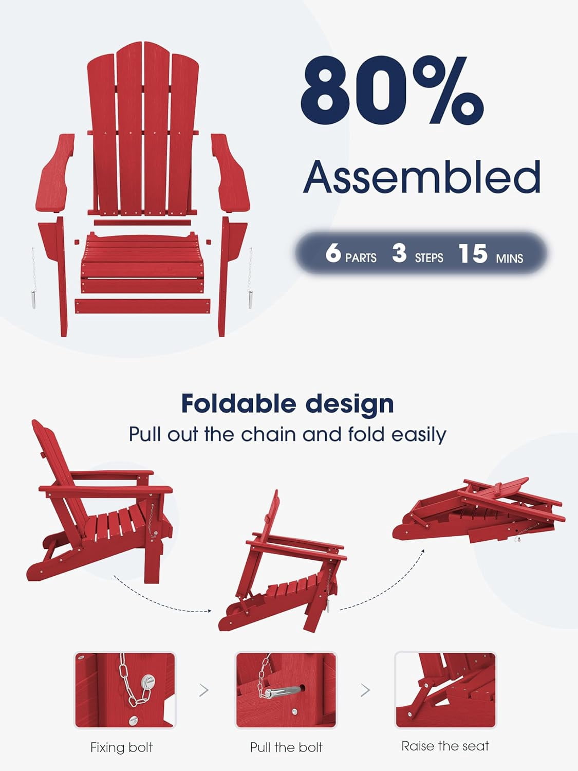 SONGMY Folding Adirondack Chair, HDPE All-Weather Patio Chairs, Wooden Textured Lawn Chair for Poolside, Backyard, Deck, Fire Pit, Light Red