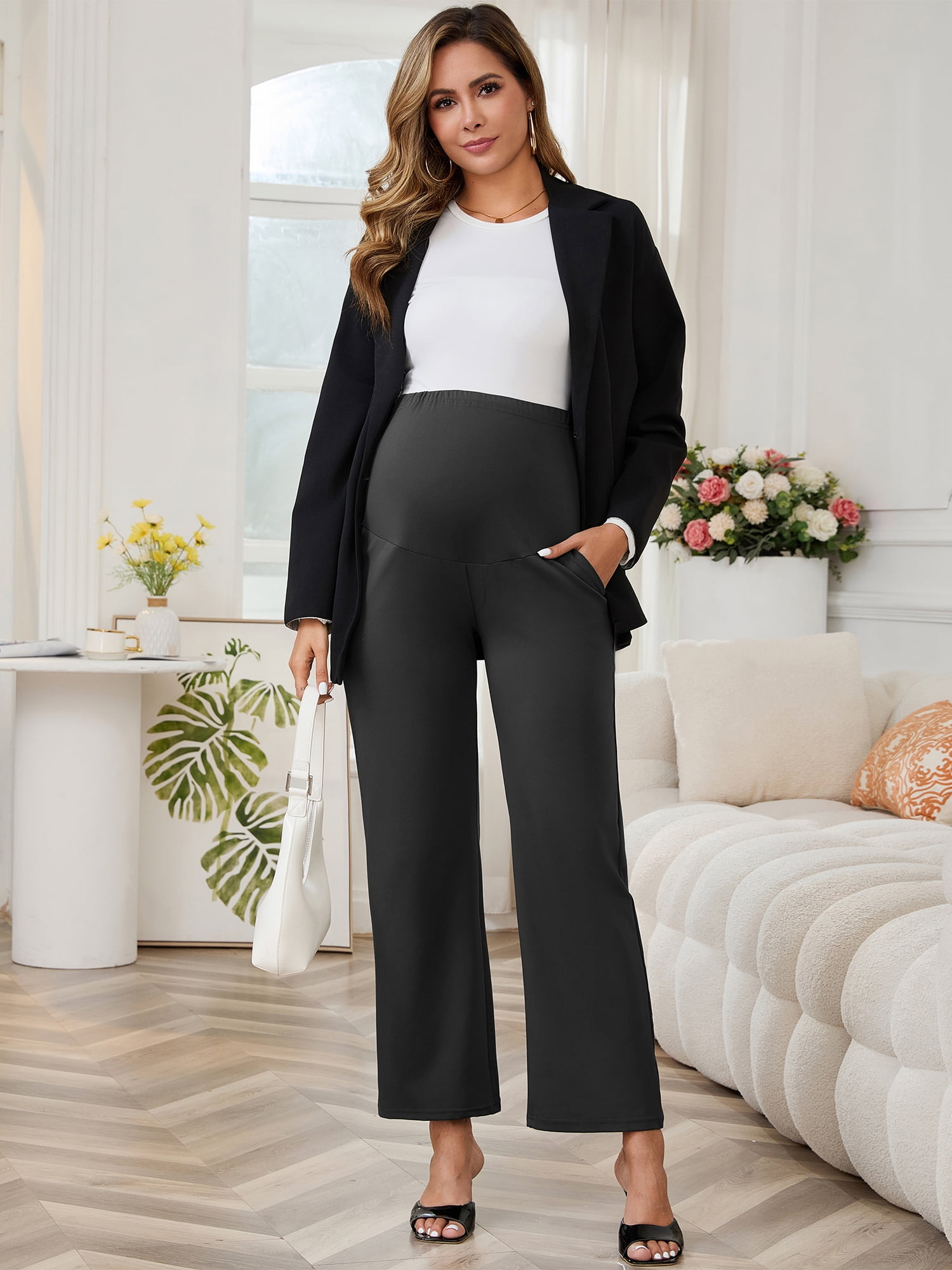 DARING DIVA Women's Wide Leg Over Belly Elastic Maternity Pants L Black